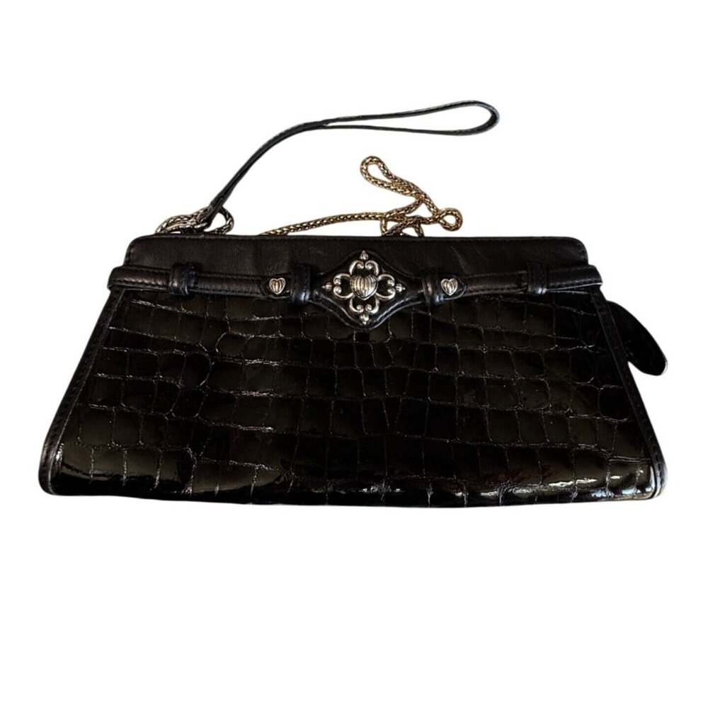 Brighton Black Croc Embossed Leather Clutch Crossbody Purse Silver Heart Medalli